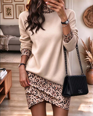 Jurk Hoge Kraag Luipaardprint Slim