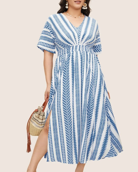 Jurk Diepe V Blauw Wit Geometrische Streep Taille