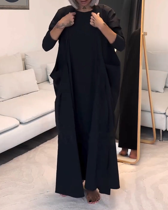 Mode effen kleur geplooide veterjurk met ronde hals