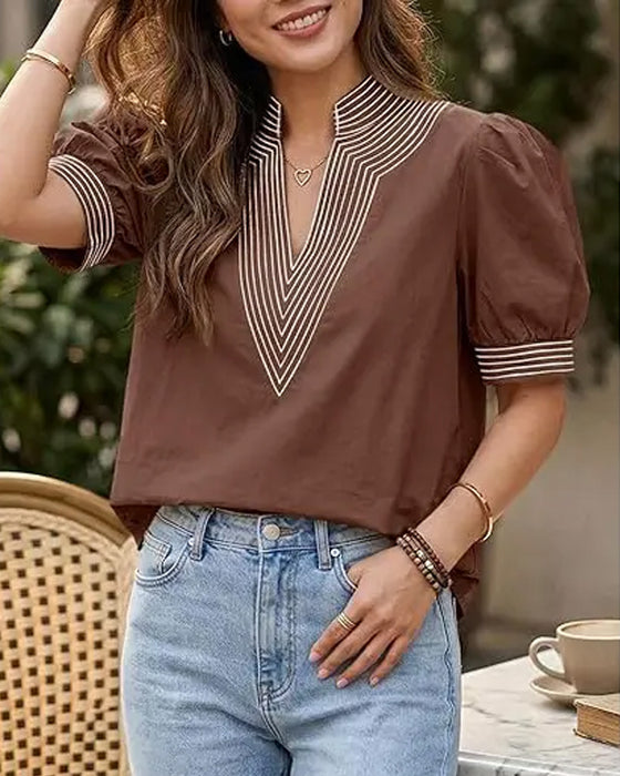 Blouse V-Hals Ballon Mouw Gestreept
