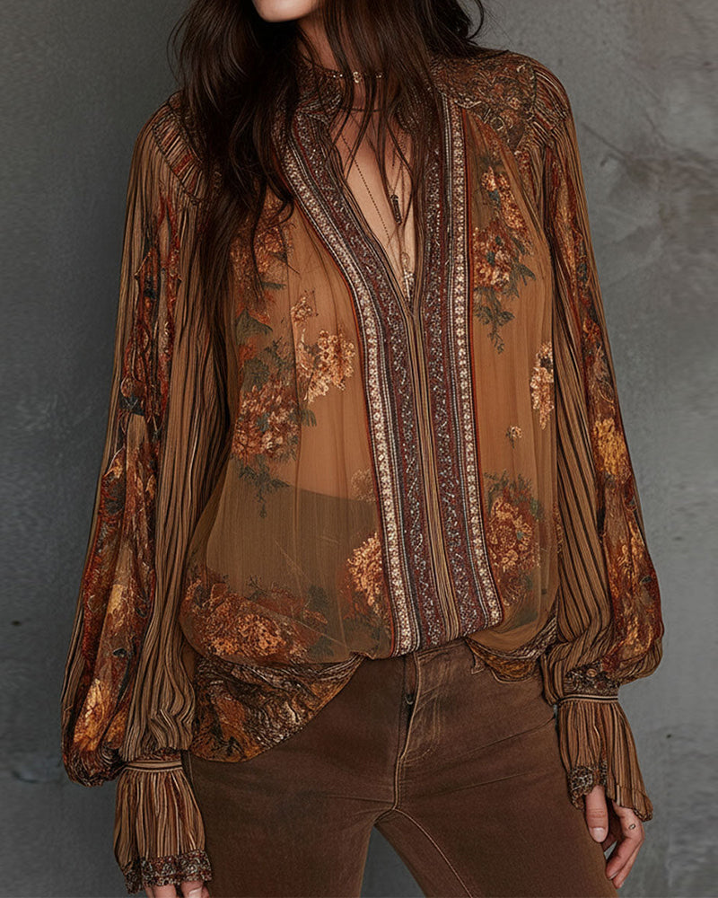 Blouse V-Hals Boho-Stijl Bloemig
