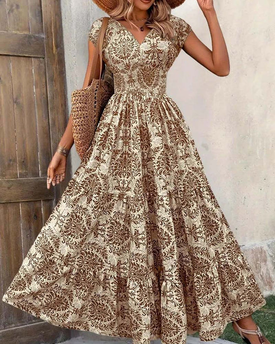 Jurk Retro Print V-Hals Ingesnoerde Taille Lang