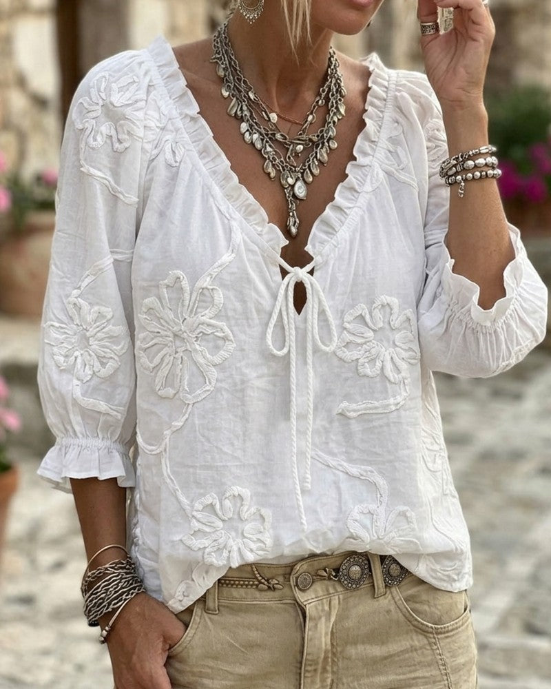 Blouse V-Hals Wikkel Stropdas Gerimpeld