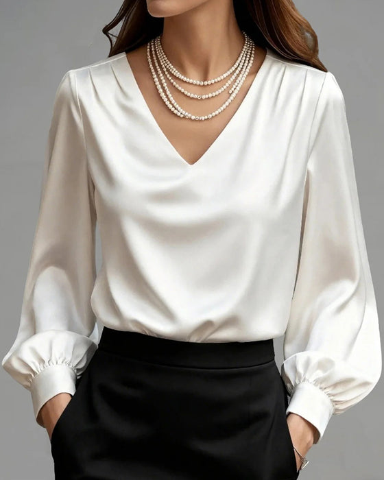 Blouse V-Hals Pofmouw Effen Kleur