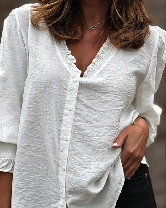 Blouse V-Hals Knoop Voor Ruffle Pofmouw