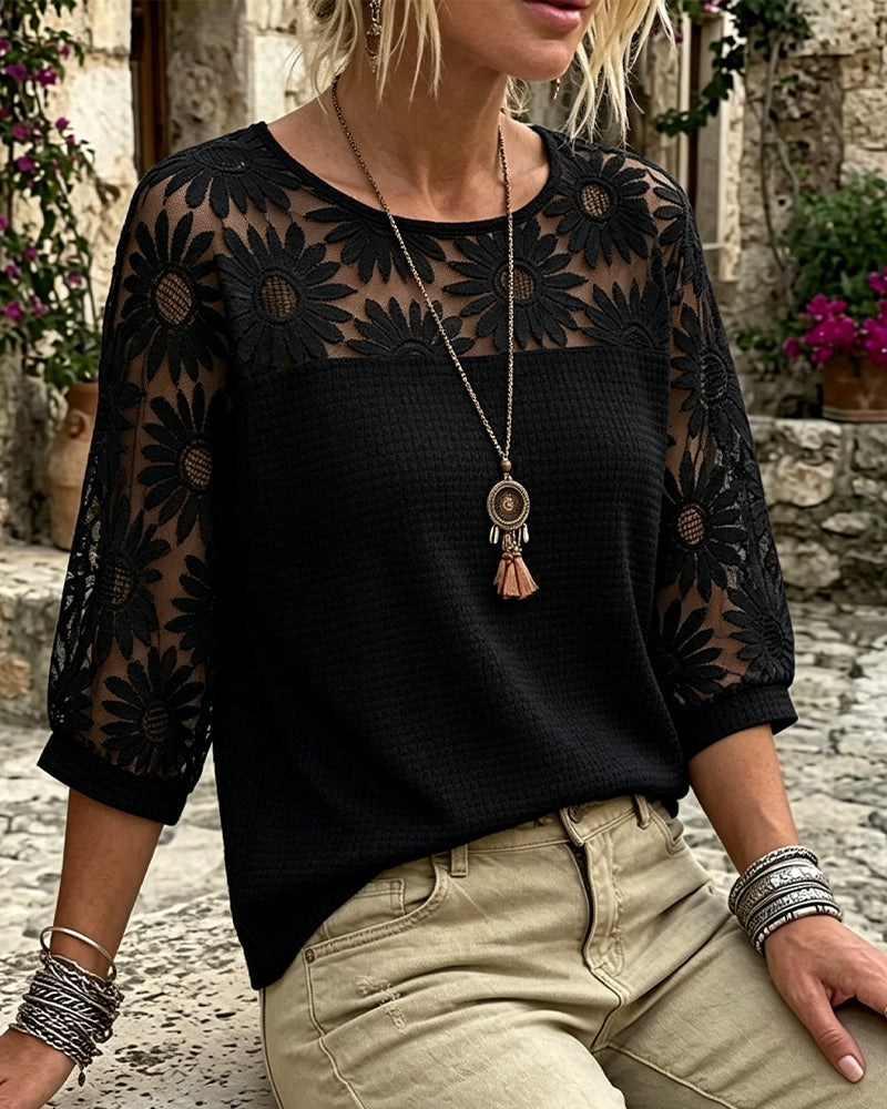 T-Shirt Ronde Hals Kant Wafel Patchwork