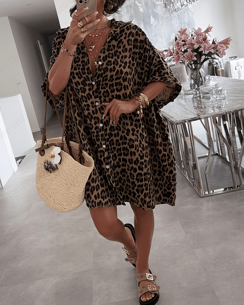 Jurk Kraag Luipaardprint Loose Shirt