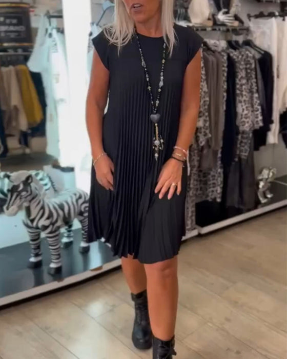 Ronde hals effen plooi casual jurk