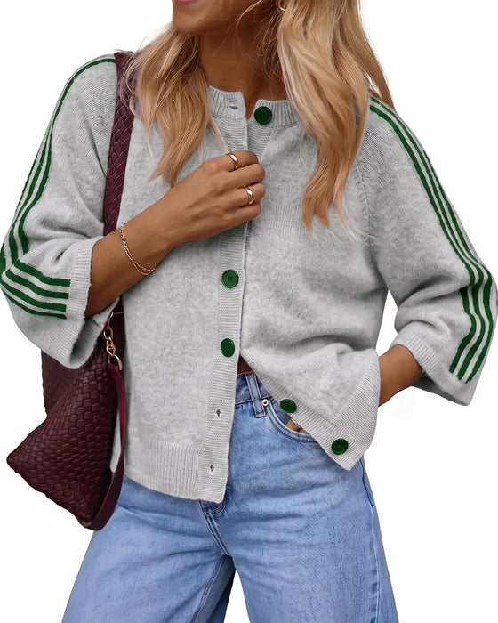 Cardigan Gestreept 3/4 Mouw Knoop