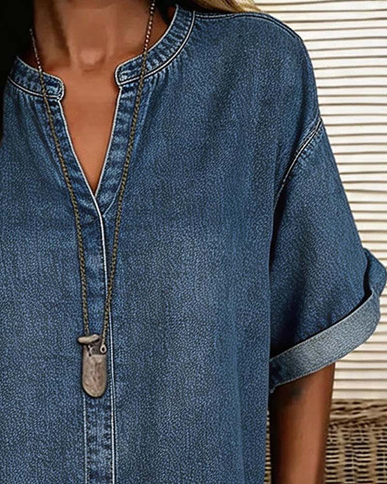 Blouses V-Hals Denim Korte Mouw