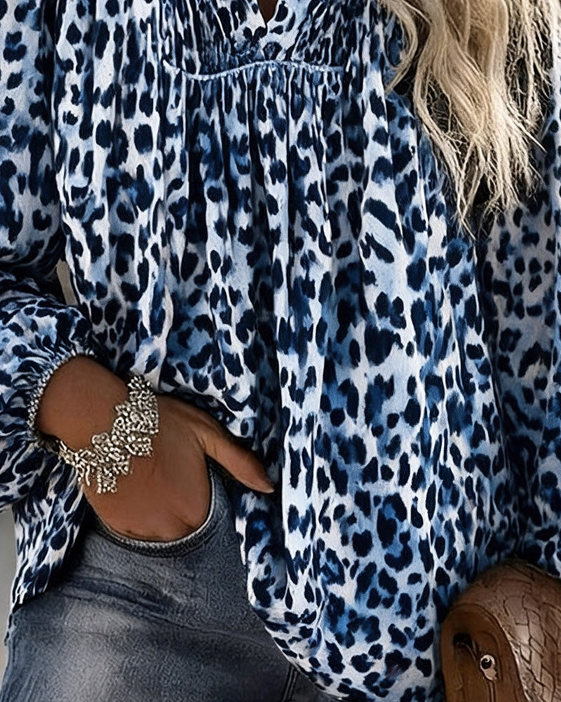 Blouse V-Hals Luipaardprint Gerimpeld Poefmouw