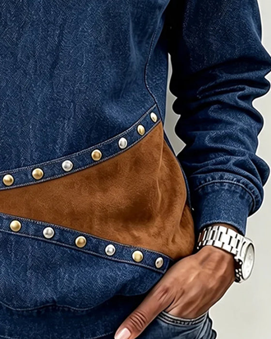 Top Ronde Hals Denim Spliced Kleurblok