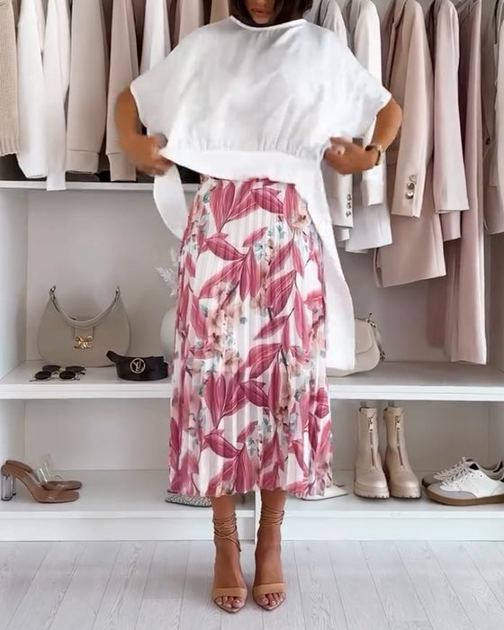 Blouse Effen Kleur Taille Strik Korte Mouw