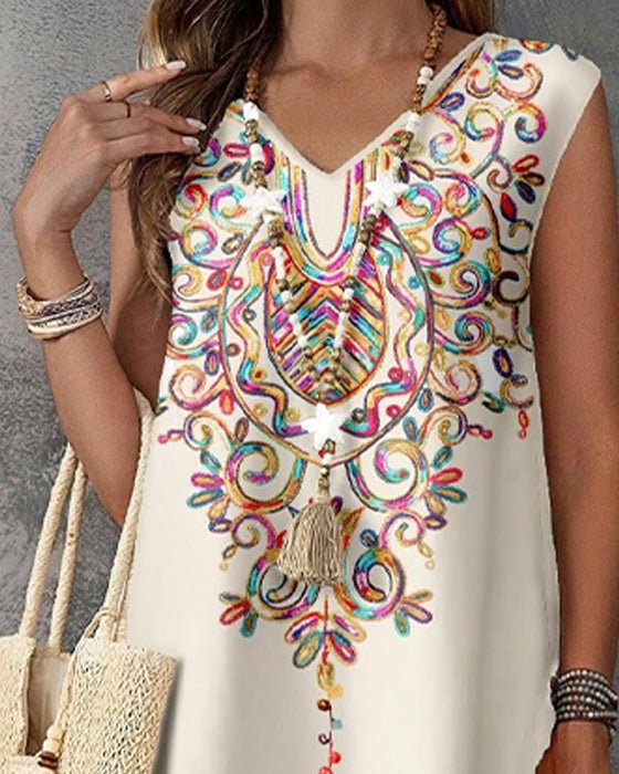 Jurk Etnische Stijl Print Mouwloos Split Lang