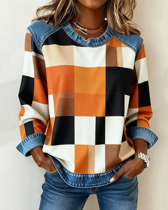 Sweatshirt Met Geruit Patchwork En Contrastkleur