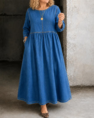Jurk Ronde Hals Geplooid Lange Mouw Denim