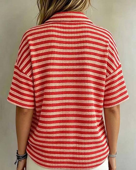 Blouse Polo Kraag Gestreept Knoop Voor