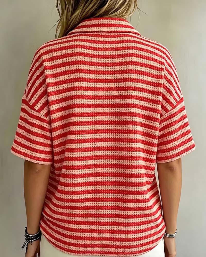 Blouse Polo Kraag Gestreept Knoop Voor