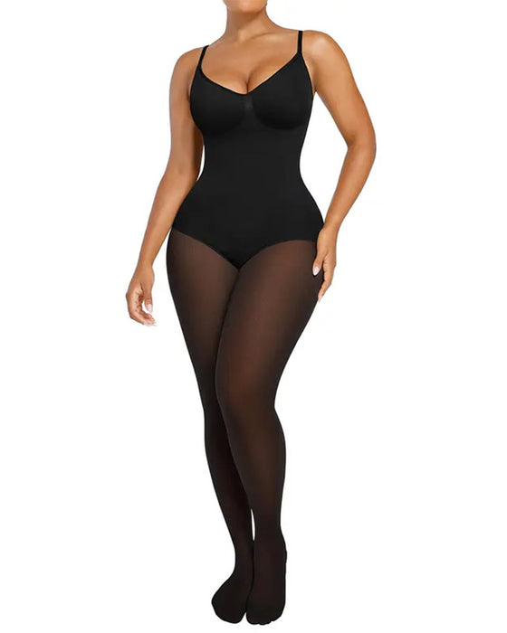 Transparant Paneel Met Fleecegevoerde Panty Stay-Warm Buikcontrole Sheer-Effect Panty Bodysuit Zwart Basic