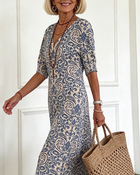 Jurk Vintage Bloemenpatroon V-Hals Maxi