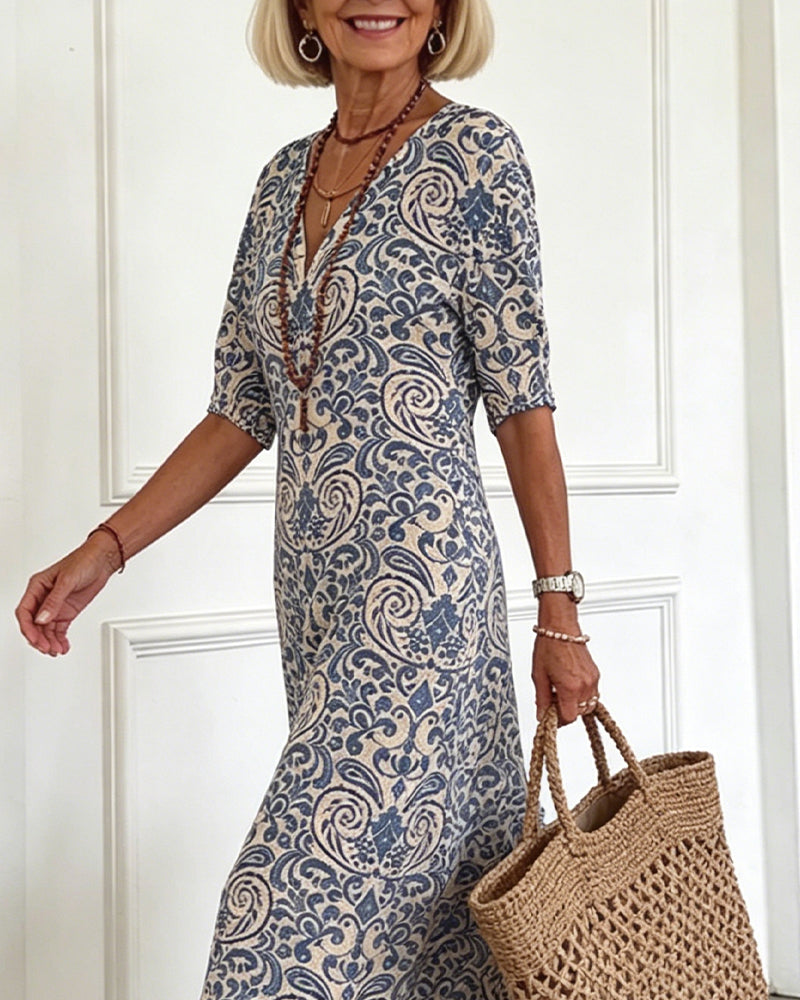 Jurk Vintage Bloemenpatroon V-Hals Maxi