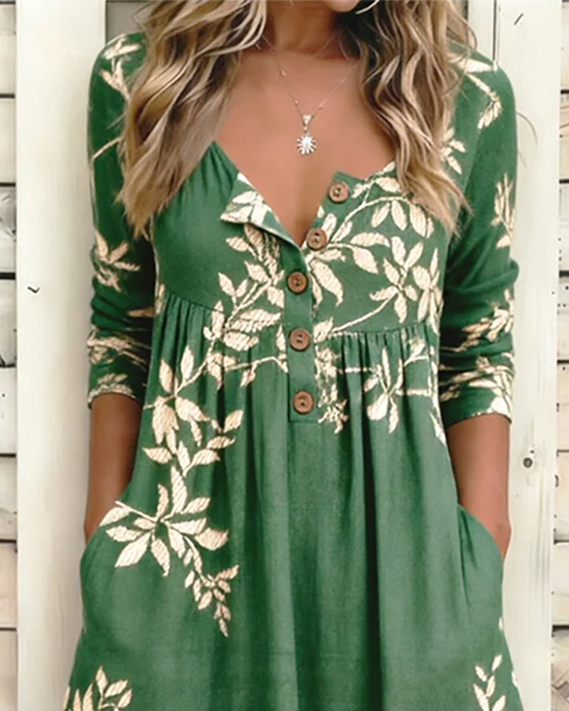 Jurk Botanische Print Knoop Gerimpeld