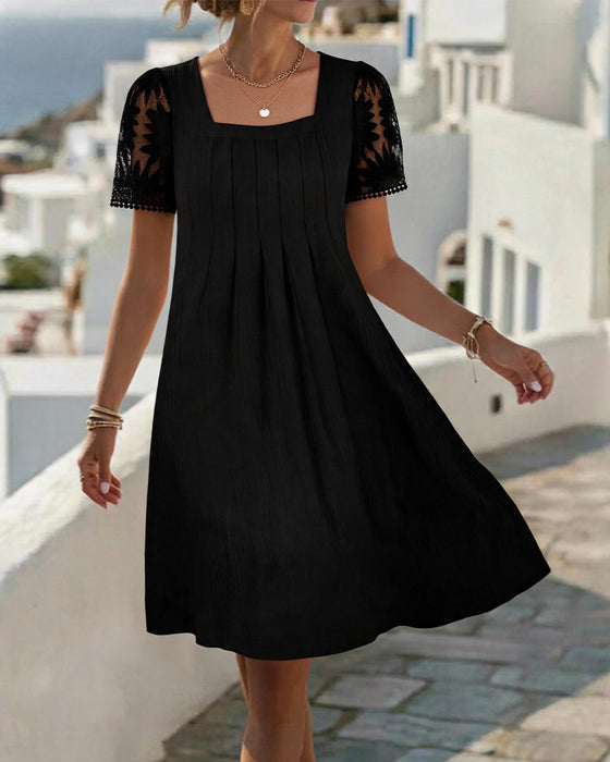 Jurk Vierkante Hals Effen Kant Patchwork Hoge Taille