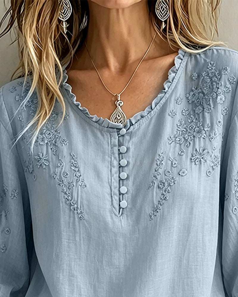Blouse Borduurwerk 3/4-Mouw Effen Kleur