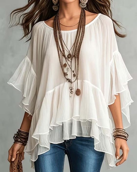 Blouse Ronde Hals Dubbele Laag Ruche Onregelmatige Mouw