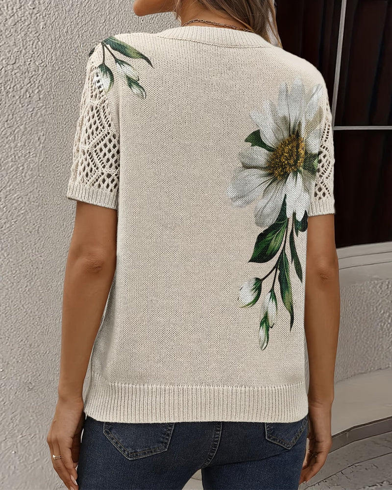 Pullover V-Hals Gebreid Bloemen