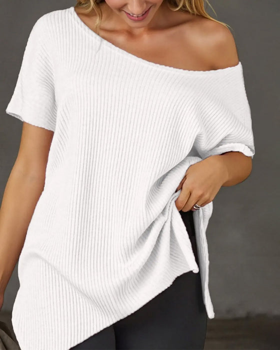 T-Shirt Onregelmatig Off-Shoulder Korte Mouw Geribbeld