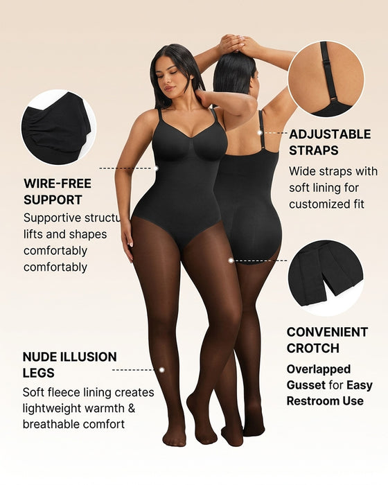Transparant Paneel Met Fleecegevoerde Panty Stay-Warm Buikcontrole Sheer-Effect Panty Bodysuit Zwart Basic
