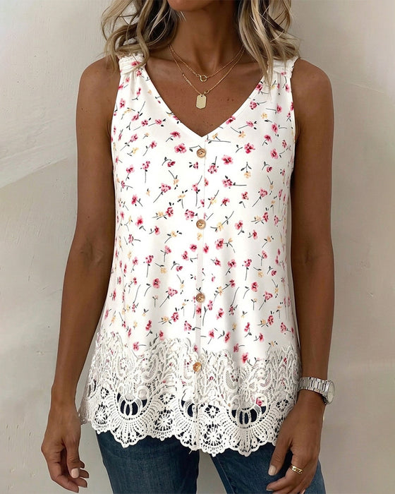 Tank Top V-Hals Spaghettiband Bloemen Kant Patchwork