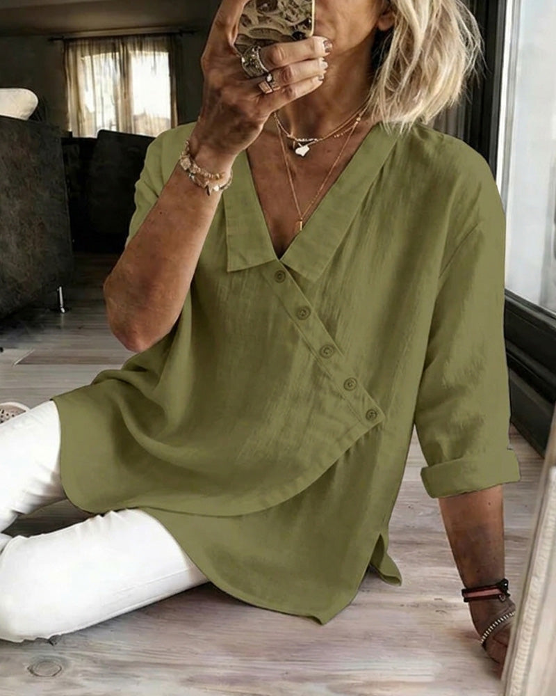 Blouse Met Asymmetrische Diagonale Knoopsluiting En Kraag