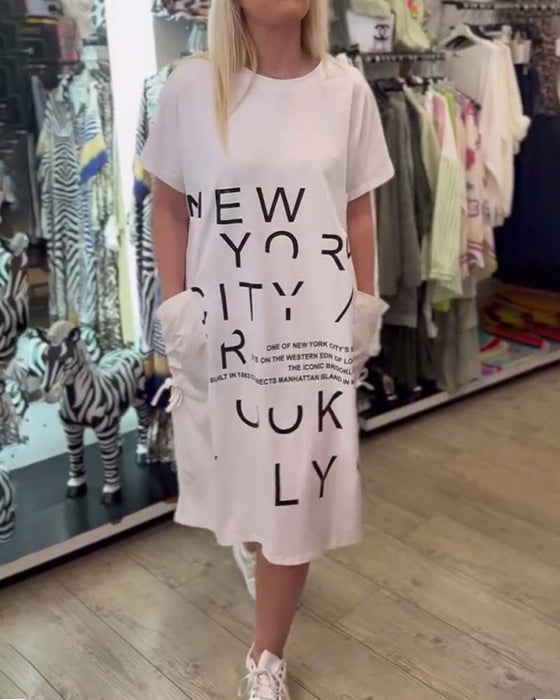 Jurk Korte Mouw Los Bedrukt Grote Zak