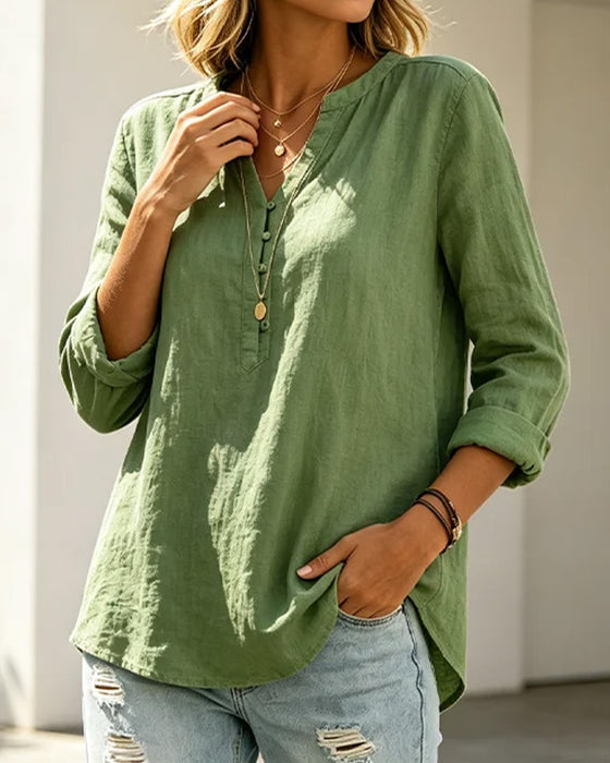 Blouse Lange Mouw V-Hals Knoop