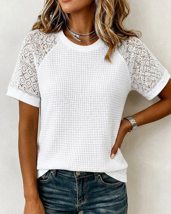 T-Shirts Ronde Hals Wafel Kant Patchwerk
