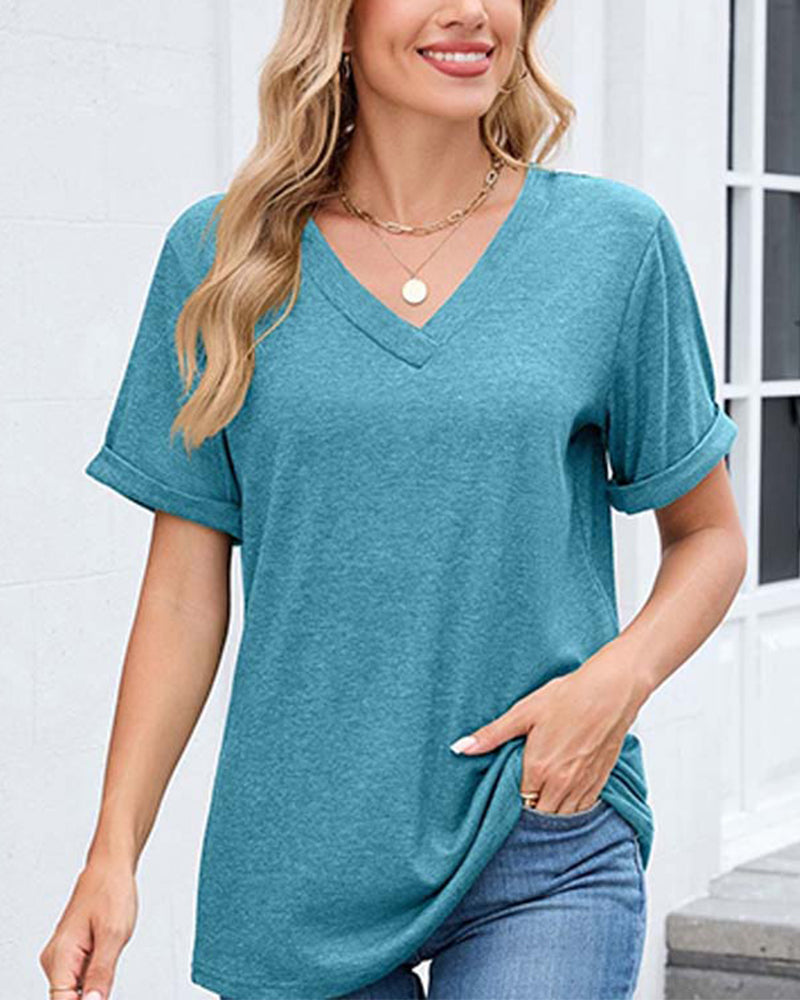 T-Shirt Effen V-Hals Casual Korte Mouw