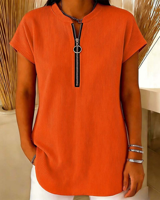 Blouse Effen Korte Mouw Rits