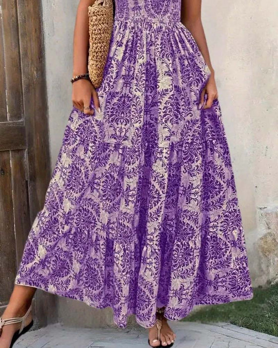 Jurk Retro Print V-Hals Ingesnoerde Taille Lang