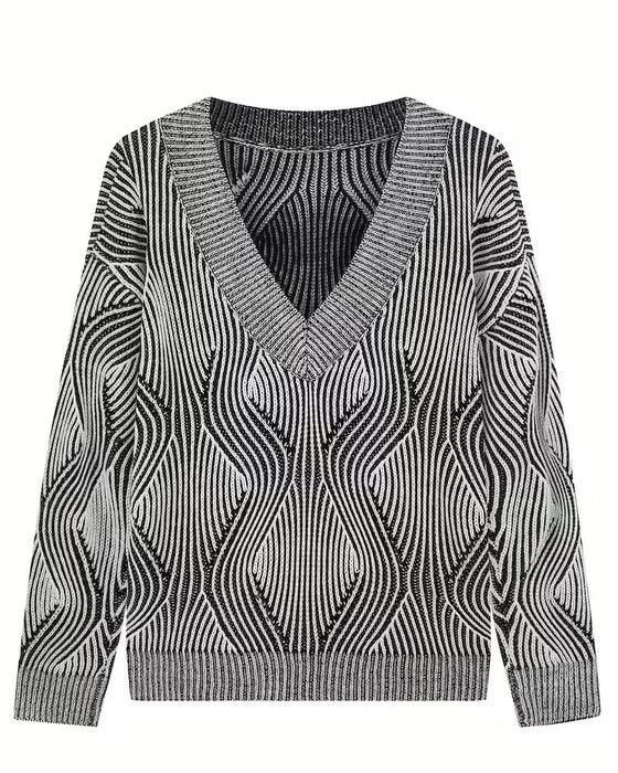 Pullover Geometrisch Gestreept V-Hals Lange Mouw
