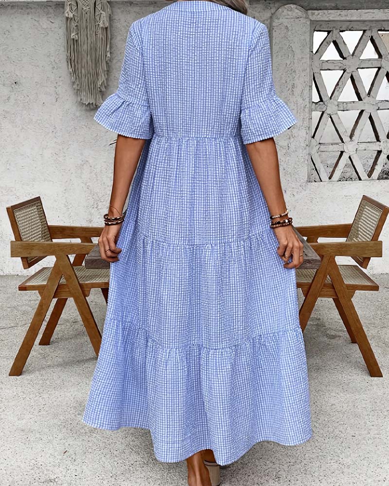 Jurk Blauw Wit Gingham V-Hals