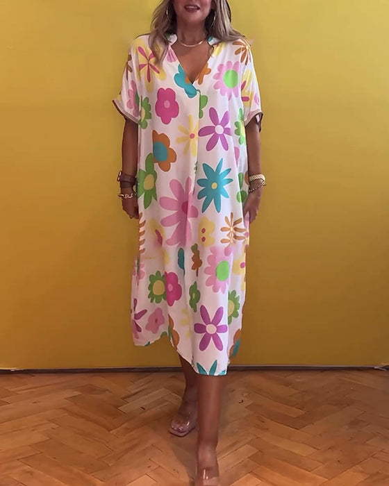 Wijde jurk met V-hals en bloemenprint