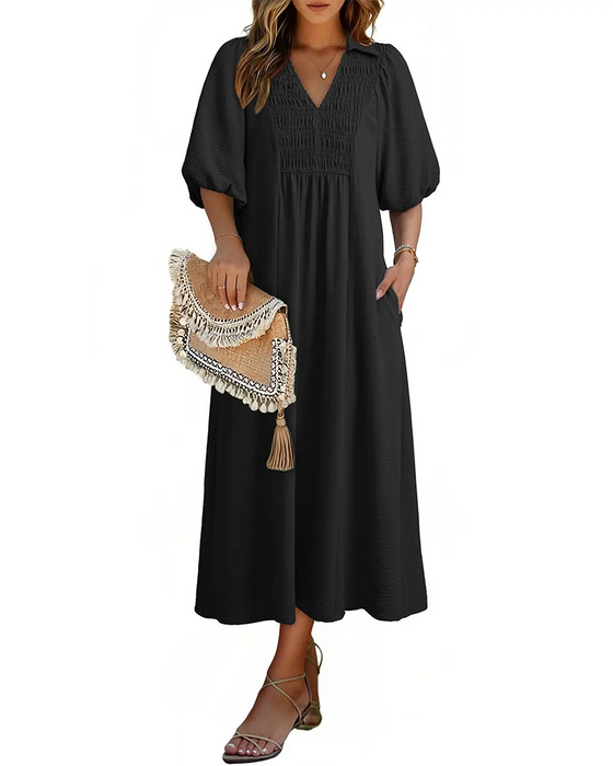Jurk V-Hals Klep Pof Mouw Maxi