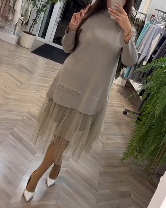 Jurk hoge kraag mesh patchwork