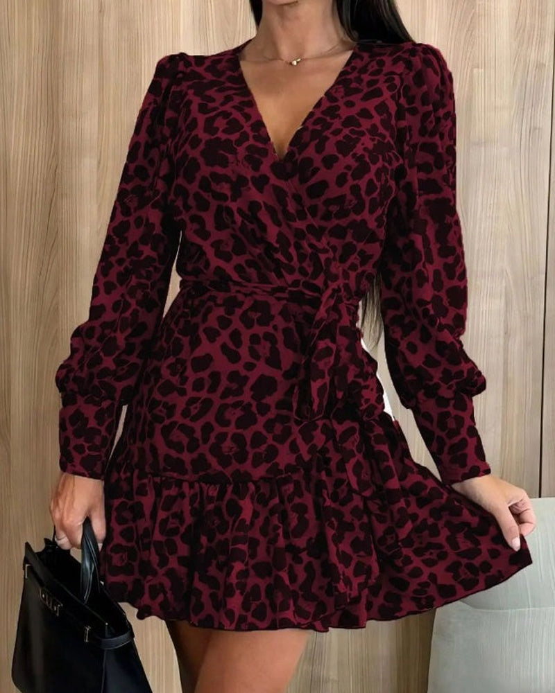💖Black-Friday-Mega-Aanbieding💖Leopardprint Wrapjurk Met V-Halslijn En Taillegordel
