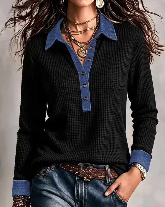 Blouse Relaxed Denim Kraag Paneel Lange Mouw