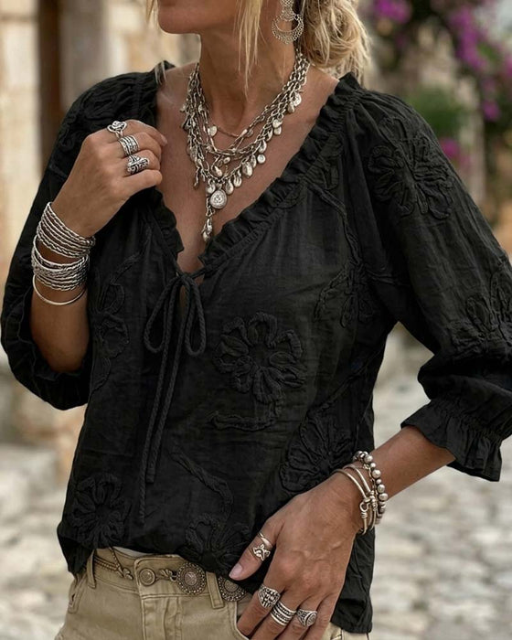 Blouse 100% Katoen V-Hals Wikkel Strik Gerafeld