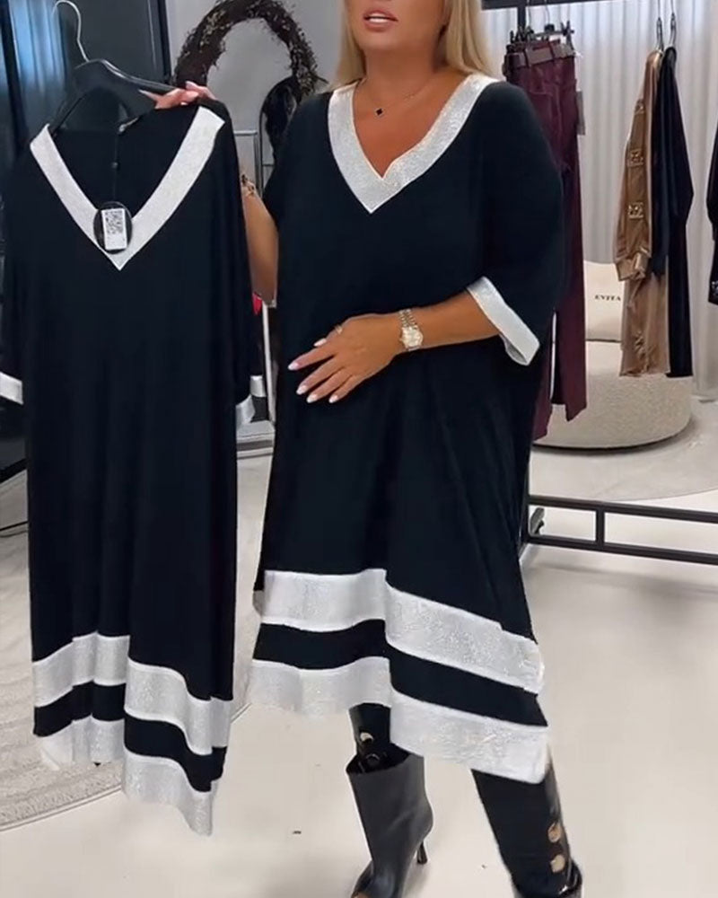 Jurk V-Hals Korte Mouw Kleurblok Loose Fit