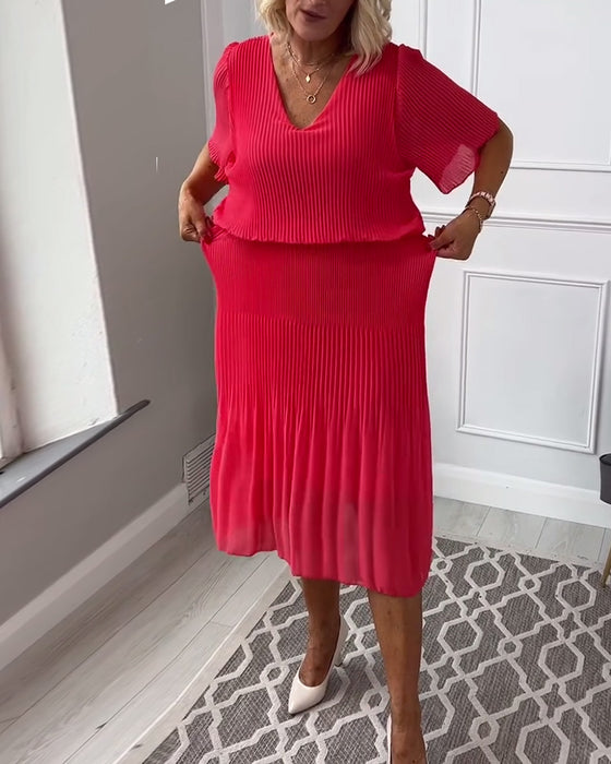 Casual effen geplooide jurk met V-hals en halve mouw